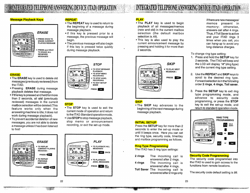 Erase, Repeat, Stop | Play, Skip, Initial set-up, Ring type programming, Security code programming, Initial power-up, Ring type programmi security code programming | VTech 900I User Manual | Page 13 / 24