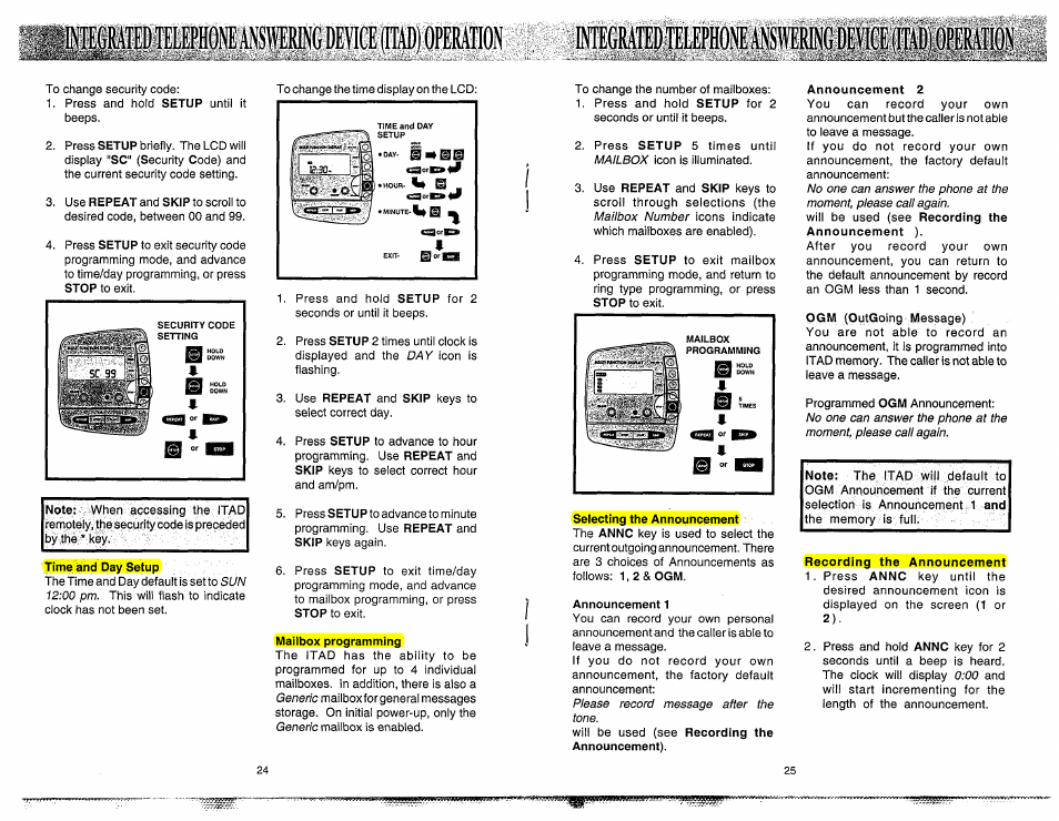 Time and day setup, Mailbox programming, Announcement 1 | Announcement 2, Recording the announcement, Lringdevice(iffl))operanon | VTech 900I User Manual | Page 14 / 24