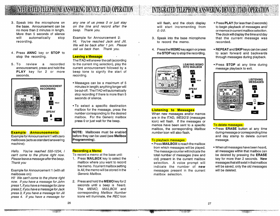 Example announcements, Leaving a message, Recording a memo | Listening to messages, Recording a memo listening to messages | VTech 900I User Manual | Page 15 / 24