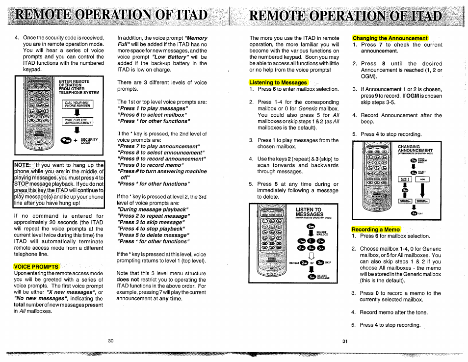 Rdmqte operation of itad, Remote operation oeaitad, Voice prompts | Listening to messages, Changing the announcement, Recording a memo, Recording the announcement, Rdmqte operation of itad remote operation oe, Itad | VTech 900I User Manual | Page 17 / 24