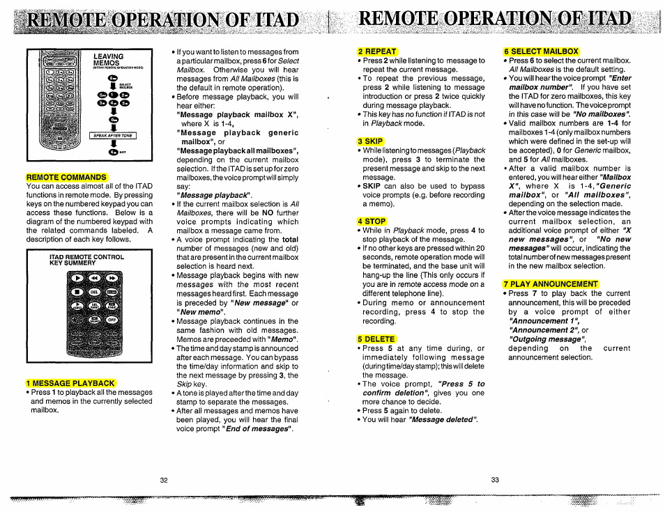 Remote operation of itad, Remote commands, 1 message playback | 2 repeat, 4 stop, 5 delete, 6 select mailbox, 7 play announcement, Message playback keys | VTech 900I User Manual | Page 18 / 24