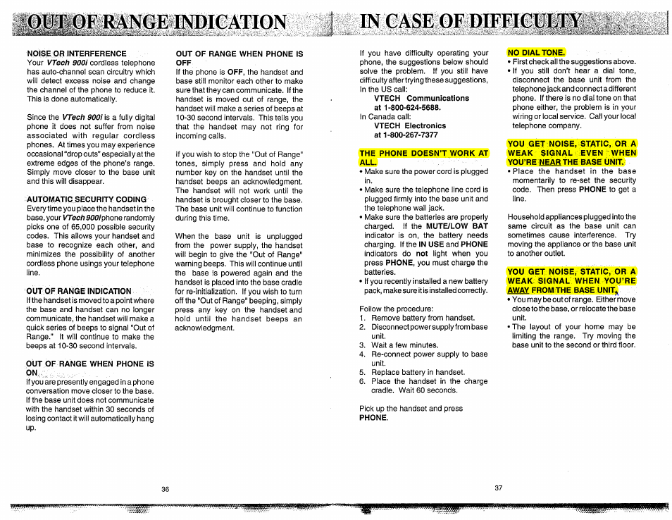 Range indication, In case of difficulty, Automatic security coding | Out of range indication, Out of range when phone is, Out of range when phone is off, The phone doesn’t work at all, No dial tone, Storing a redial number in memory dial. 17 | VTech 900I User Manual | Page 20 / 24