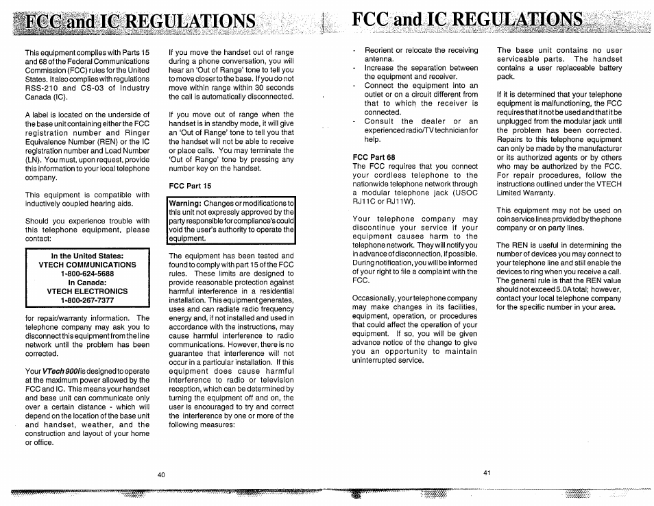 Ic:(3^and ic regulations, Fcc part 15, Fcc and ic regulations | Fcc part 68, Fcc and 1c regulations | VTech 900I User Manual | Page 22 / 24