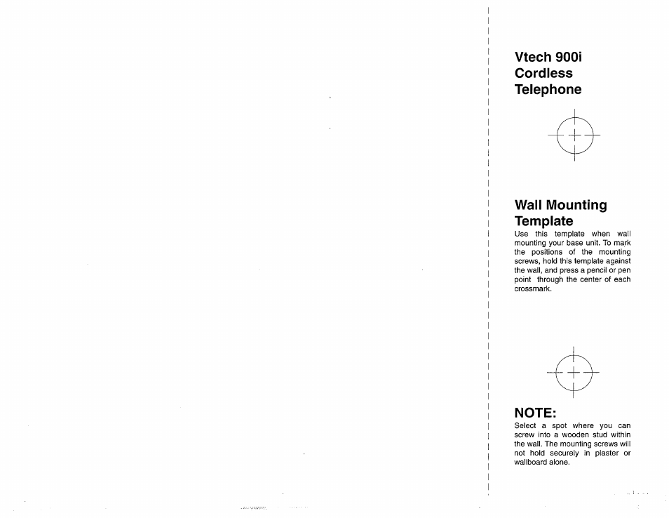 Vtech 900i, Cordless, Telephone | Wall mounting template, Note | VTech 900I User Manual | Page 24 / 24