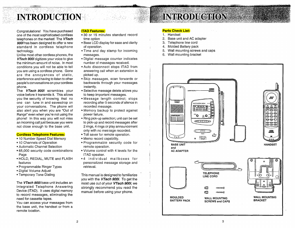 Cordless telephone features, Itad features, Parts check list | Introd¥0iaom, Ilntrodub | VTech 900I User Manual | Page 3 / 24