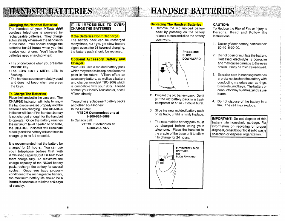 Idsex batteries, Handset batteries, Charging the: handset batteries | To charge the batteries, If the batteries don’t recharge, Optional accessory battery and charger, Caution, Charging the handset batteries | VTech 900I User Manual | Page 5 / 24