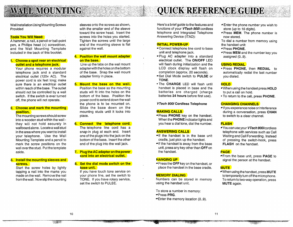 Mounting, Quick reference guide | VTech 900I User Manual | Page 7 / 24