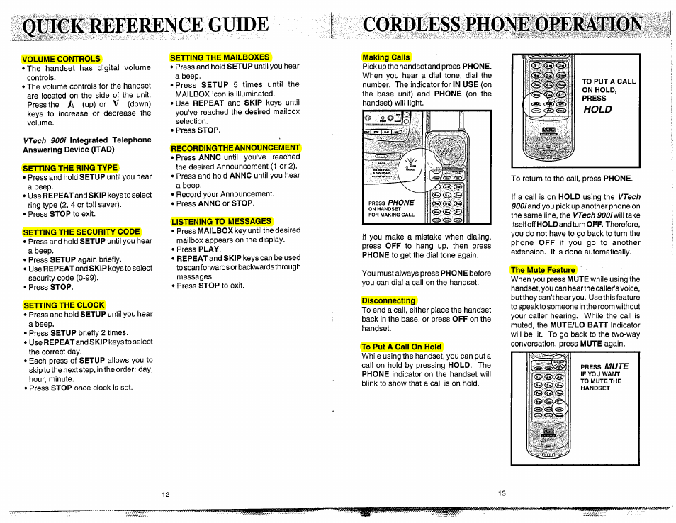 Quick reference guide, Setting the mailboxes, Recordingthe announcement | Listening to messages, Cordless phone operation, Quickreferenceguide, Changing the announcement | VTech 900I User Manual | Page 8 / 24