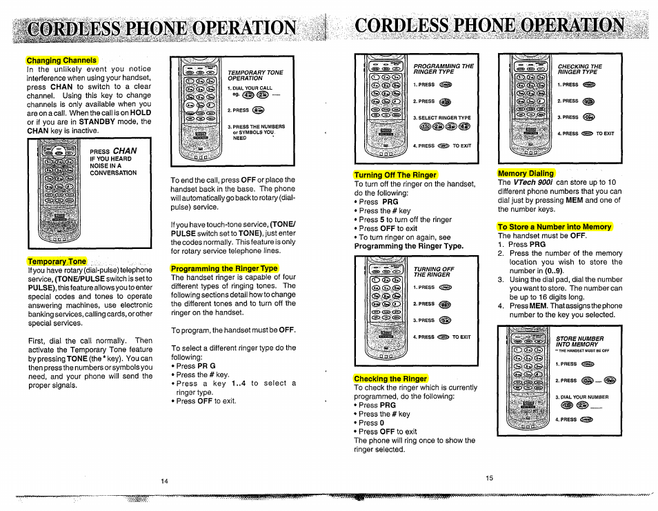 Lißjößpiiess phoíííe operation, Changing channels, Temporary tone | Programming the ringer type, Cordless phone operation, Turning off the ringer, Checking the ringer, Memory dialing, To store a number into memory, Chan | VTech 900I User Manual | Page 9 / 24