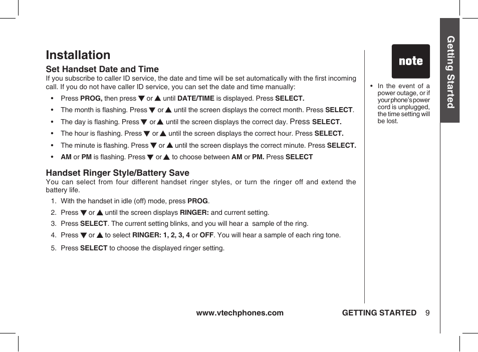 Set handset date and time, Handset ringer style/battery save, Installation | Gett in g s ta rte d | VTech ia5877 User Manual | Page 10 / 51