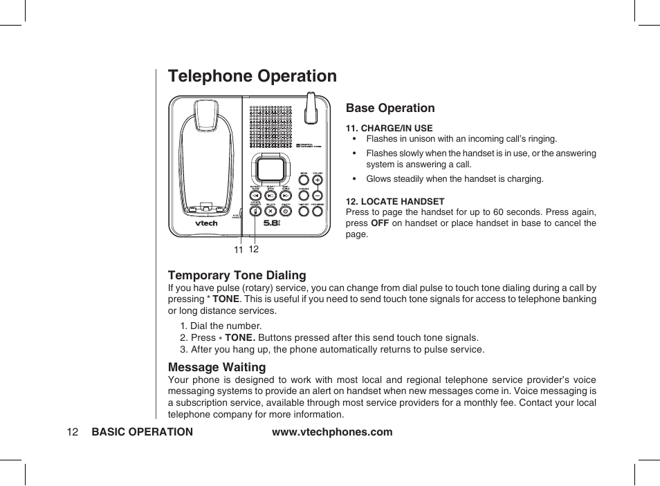 Base operation, Charge/in use, Locate handset | Temporary tone dialing, Message waiting, Telephone operation | VTech ia5877 User Manual | Page 13 / 51