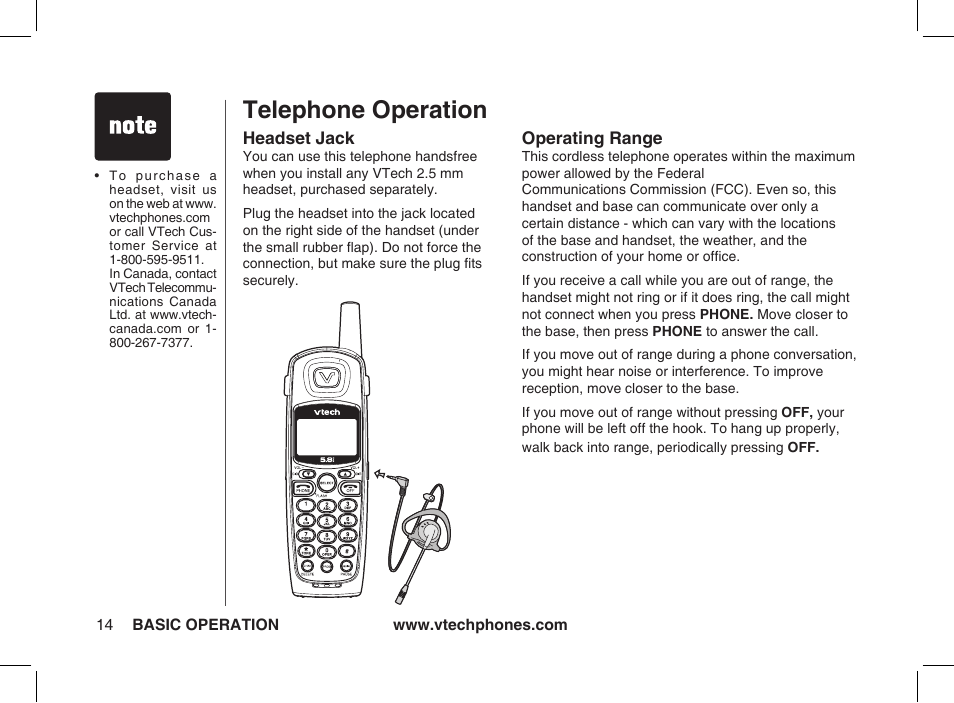Headset jack, Operating range, Telephone operation | VTech ia5877 User Manual | Page 15 / 51