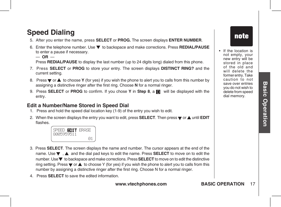 Edit a number/name stored in speed dial, Speed dialing, Bas ic o pe ra tio n | VTech ia5877 User Manual | Page 18 / 51