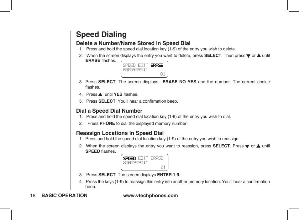 Delete a number/name stored in speed dial, Dial a speed dial number, Reassign locations in speed dial | Speed dialing | VTech ia5877 User Manual | Page 19 / 51