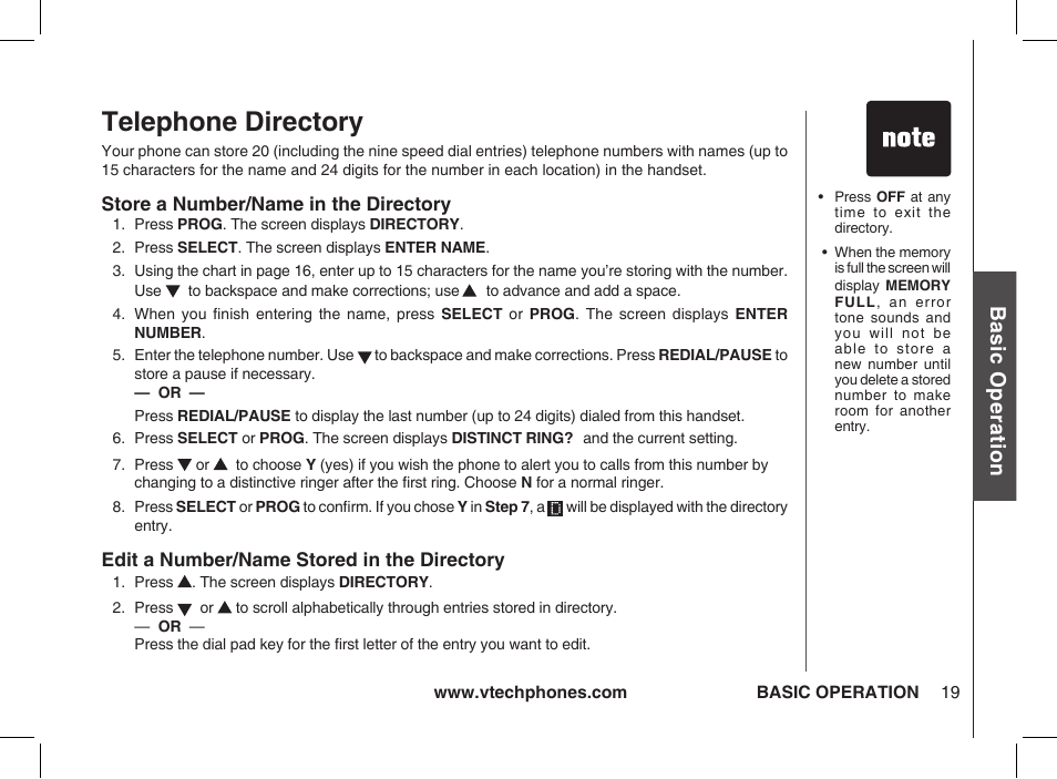 Telephone directory, Edit a number/name stored in the directory, Store a number/name in the directory | Bas ic o pe ra tio n | VTech ia5877 User Manual | Page 20 / 51