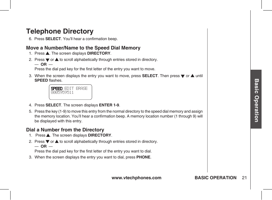 Move a number/name to the speed dial memory, Dial a number from the directory, Telephone directory | Bas ic o pe ra tio n | VTech ia5877 User Manual | Page 22 / 51