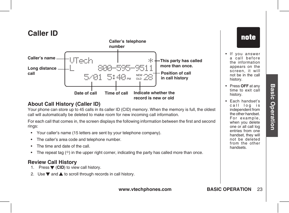 About call history (caller id), Review call history, Caller id | Bas ic o pe ra tio n | VTech ia5877 User Manual | Page 24 / 51