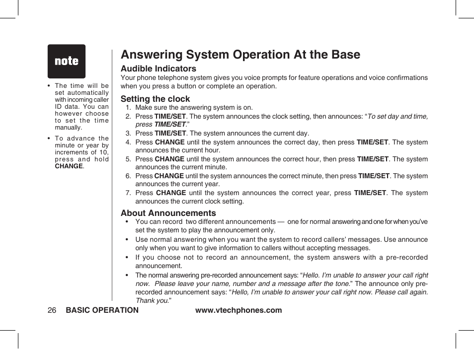 Answering system operation at the base, Audible indicators, Setting the clock | About announcements | VTech ia5877 User Manual | Page 27 / 51