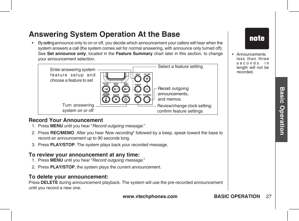 Record your announcement, To review your announcement at any time, To delete your announcement | Answering system operation at the base, Bas ic o pe ra tio n | VTech ia5877 User Manual | Page 28 / 51