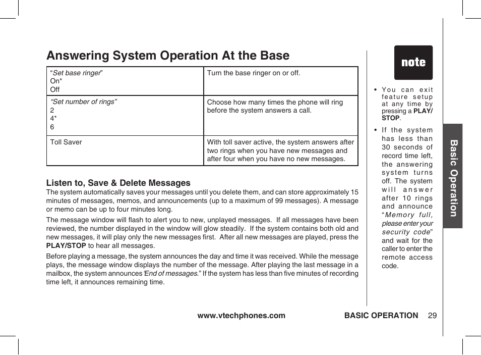 Listen to, save & delete messages, Answering system operation at the base, Bas ic o pe ra tio n | VTech ia5877 User Manual | Page 30 / 51