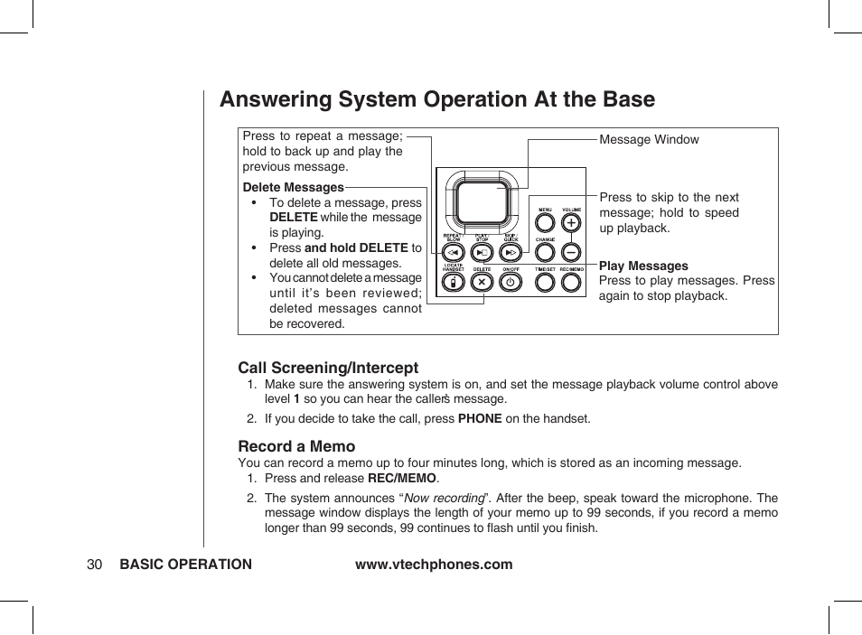 Call screening/intercept, Record a memo, Answering system operation at the base | VTech ia5877 User Manual | Page 31 / 51