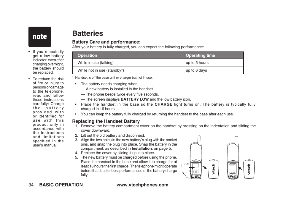 Batteries, Battery care and performance, Replacing the handset battery | VTech ia5877 User Manual | Page 35 / 51