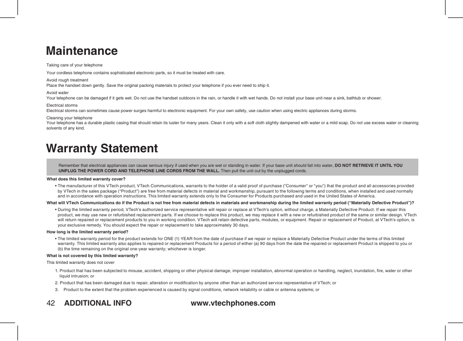 Maintenance, Warranty statement | VTech ia5877 User Manual | Page 43 / 51
