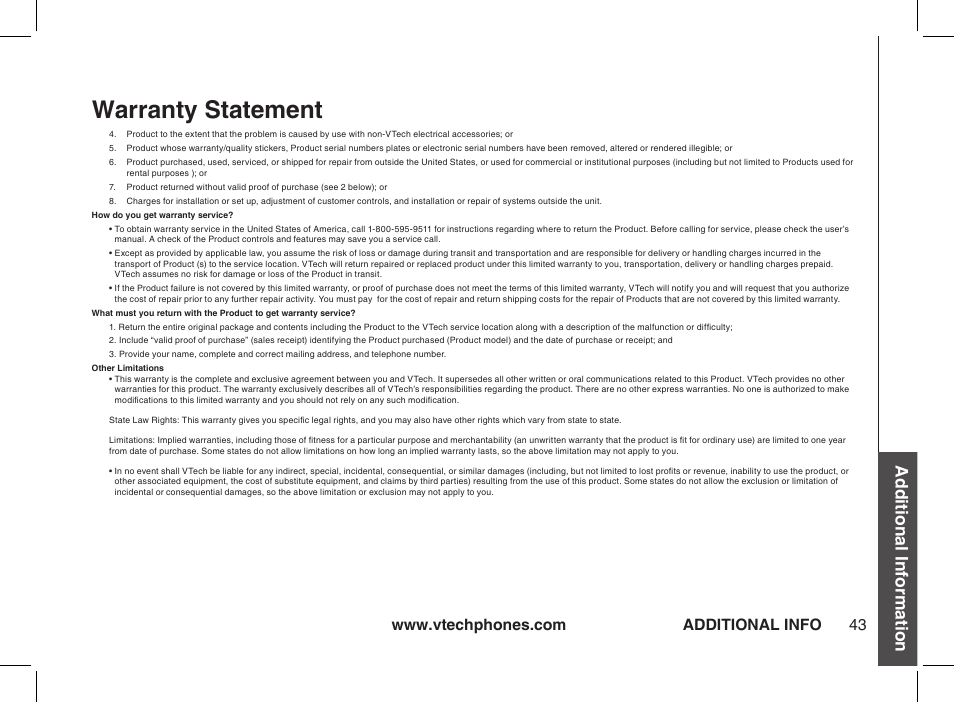 Warranty statement, Additional information, Additional info | VTech ia5877 User Manual | Page 44 / 51