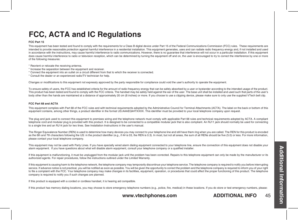 Fcc, acta and ic regulations, Additional information, Additional info | VTech ia5877 User Manual | Page 46 / 51