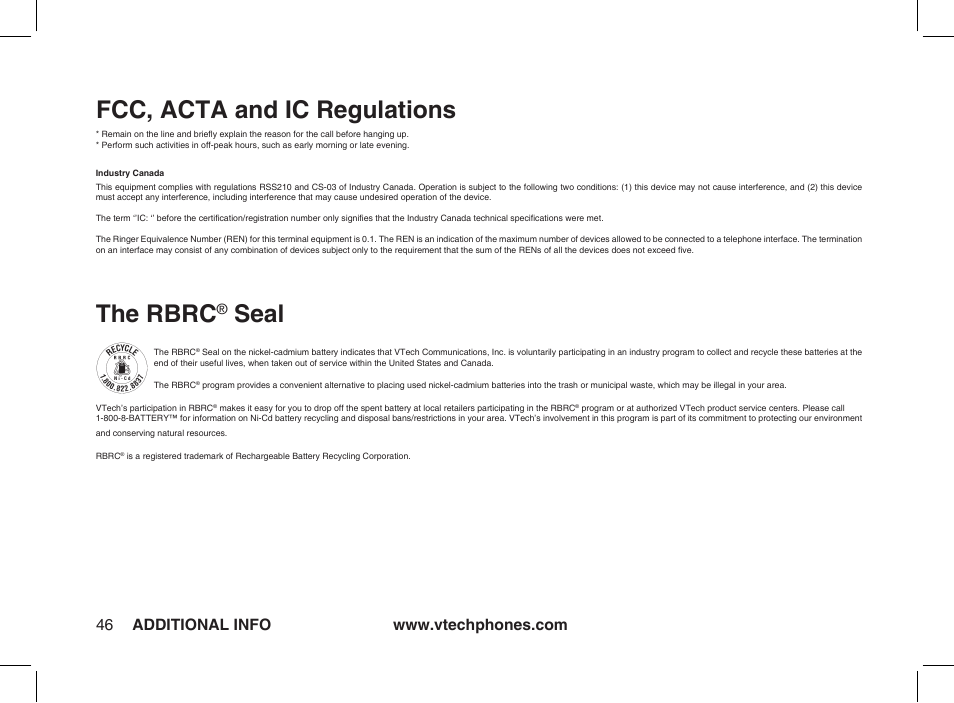 The rbrc® seal, Fcc, acta and ic regulations, The rbrc | Seal | VTech ia5877 User Manual | Page 47 / 51