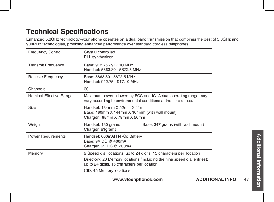 Technical specifications | VTech ia5877 User Manual | Page 48 / 51