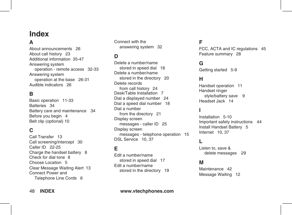 Index | VTech ia5877 User Manual | Page 49 / 51