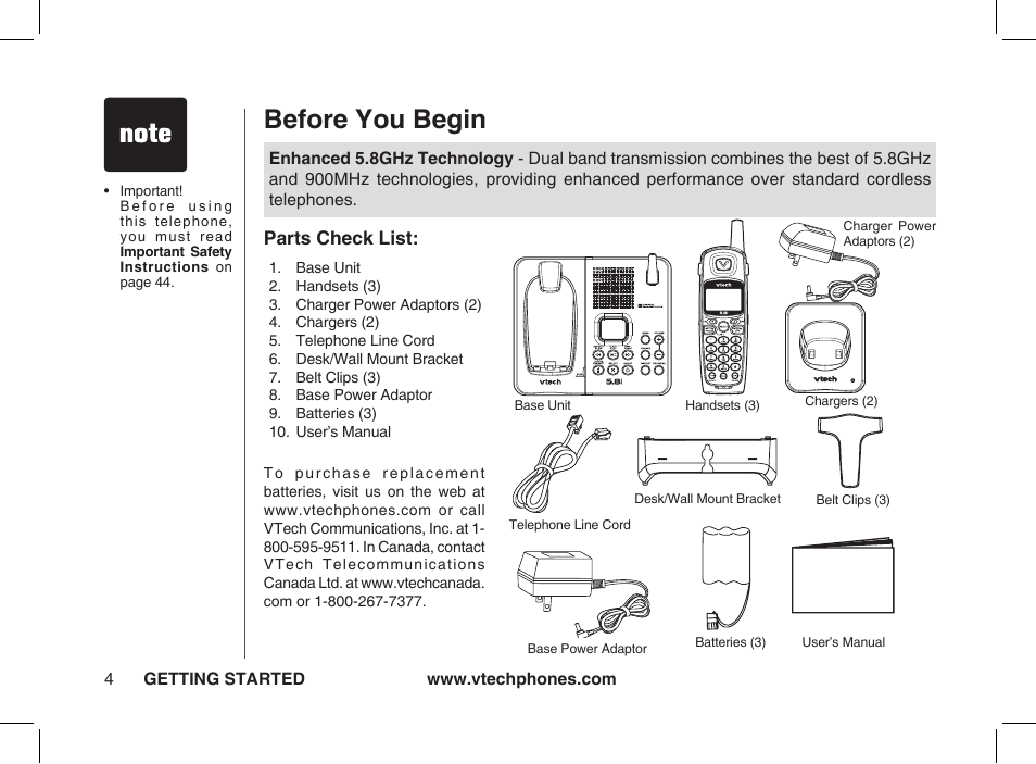 Before you begin, Parts check list | VTech ia5877 User Manual | Page 5 / 51