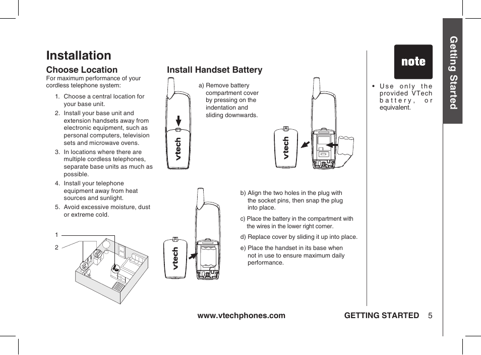 Installation, Choose location, Install handset battery | Gett in g s ta rte d | VTech ia5877 User Manual | Page 6 / 51