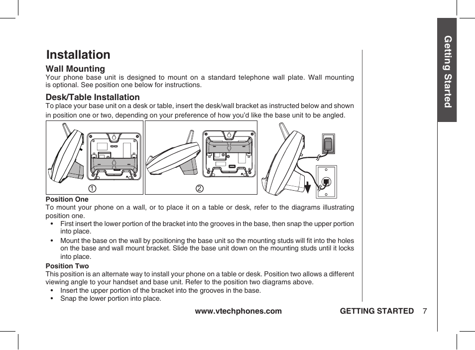 Wall mounting, Desk/table installation, Installation | Gett in g s ta rte d | VTech ia5877 User Manual | Page 8 / 51