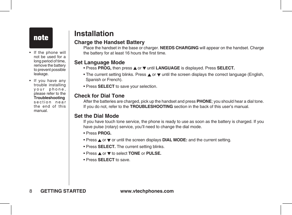 Charge the handset battery, Set language mode, Check for dial tone | Set the dial mode, Installation | VTech ia5877 User Manual | Page 9 / 51