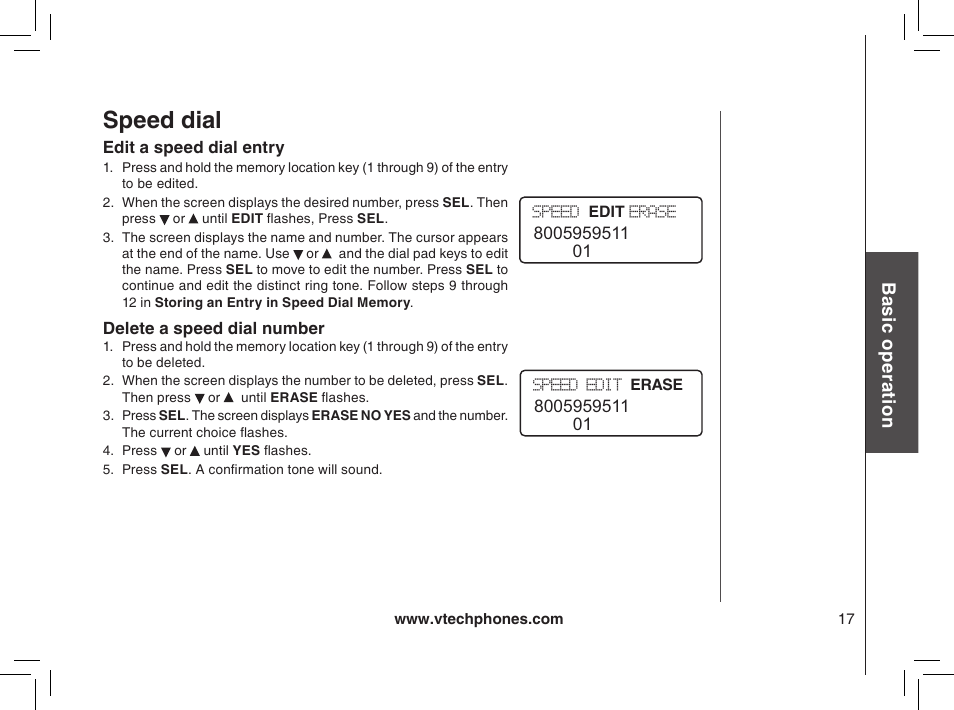 Speed dial, Bas ic o pe ra tio n | VTech gz2338 User Manual | Page 17 / 44