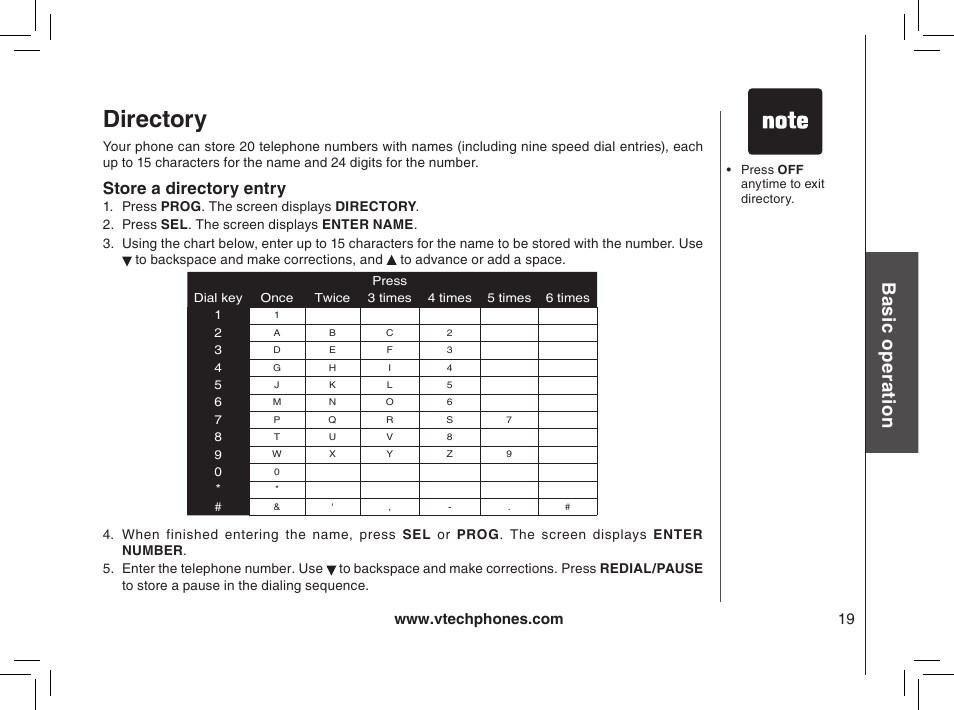 Directory, Bas ic o pe ra tio n, Store a directory entry | VTech gz2338 User Manual | Page 19 / 44