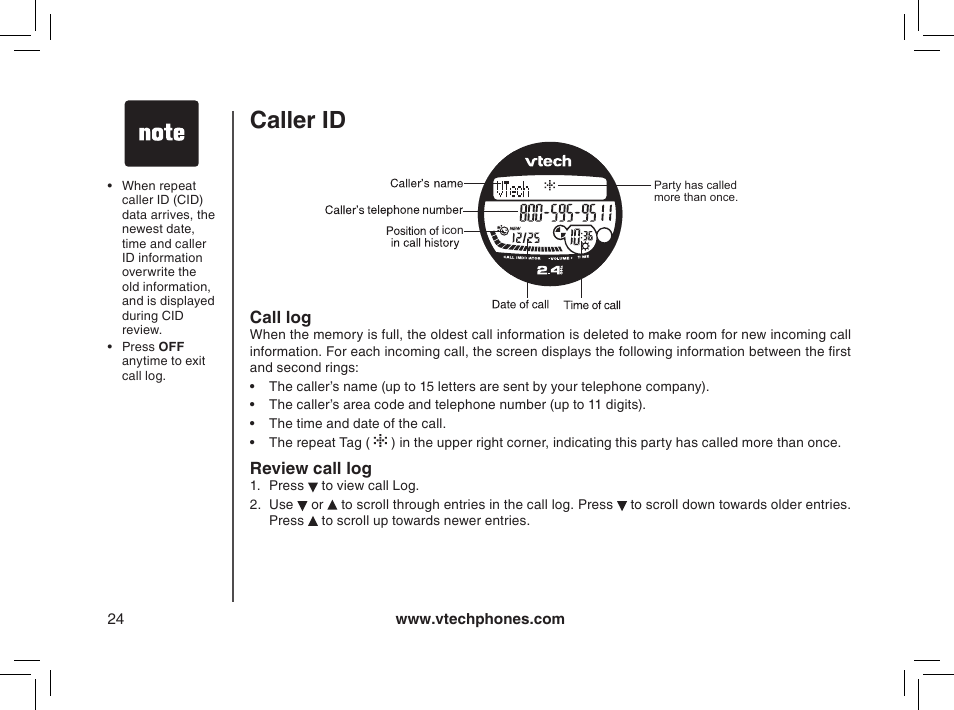 Caller id | VTech gz2338 User Manual | Page 24 / 44