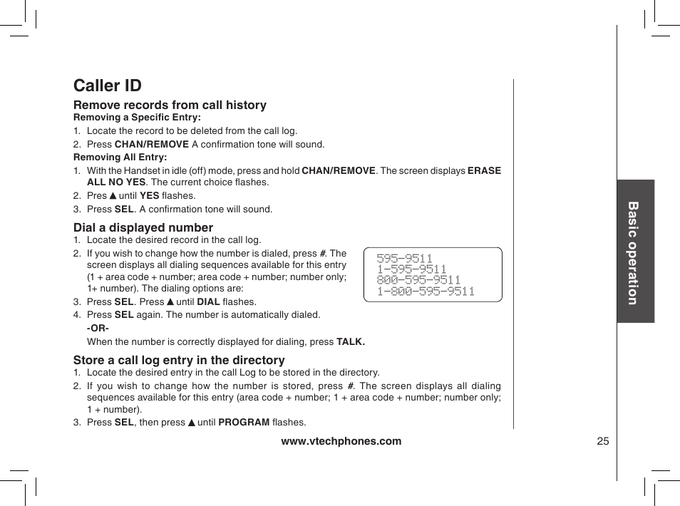 Caller id, Bas ic o pe ra tio n | VTech gz2338 User Manual | Page 25 / 44