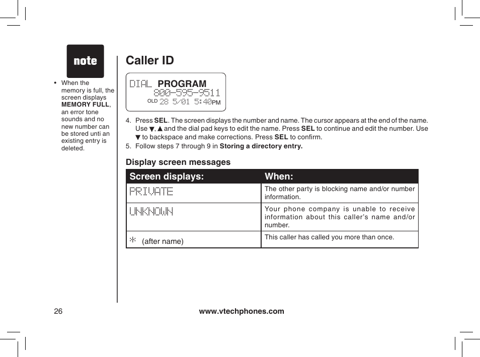 Caller id, Program, Screen displays: when | VTech gz2338 User Manual | Page 26 / 44