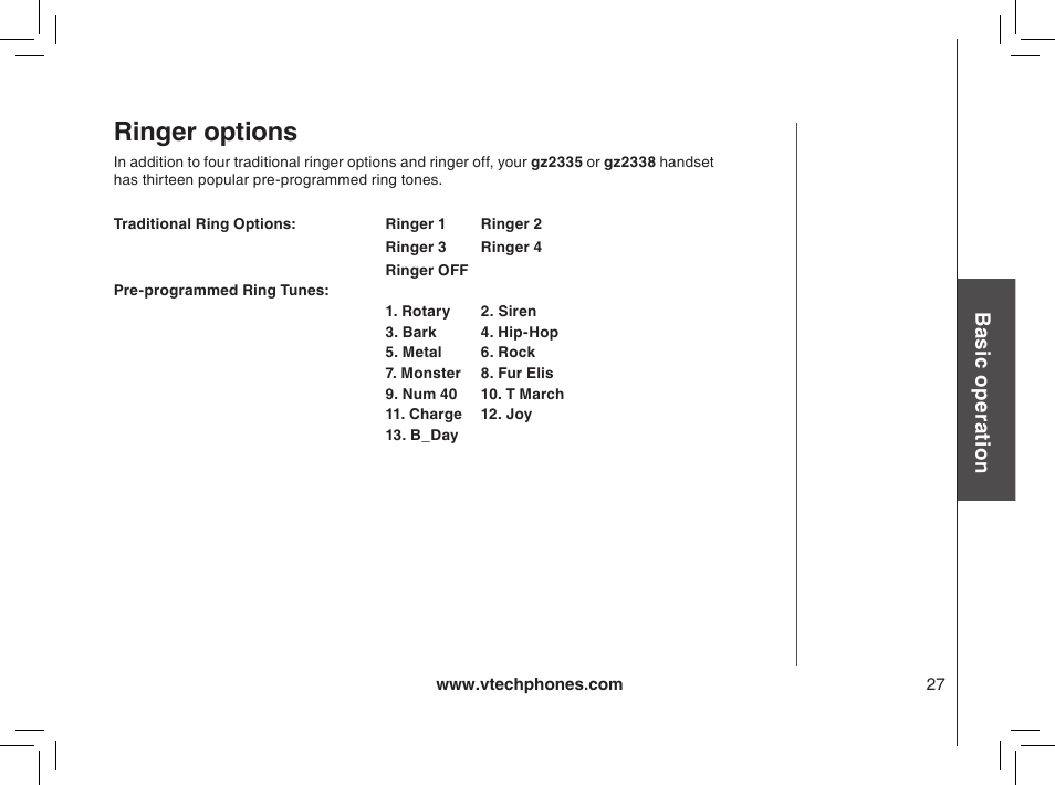 Ringer options, Bas ic o pe ra tio n | VTech gz2338 User Manual | Page 27 / 44