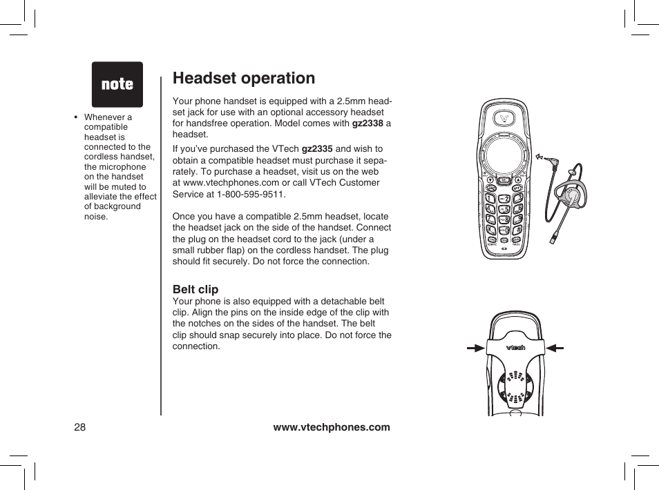 Headset operation | VTech gz2338 User Manual | Page 28 / 44
