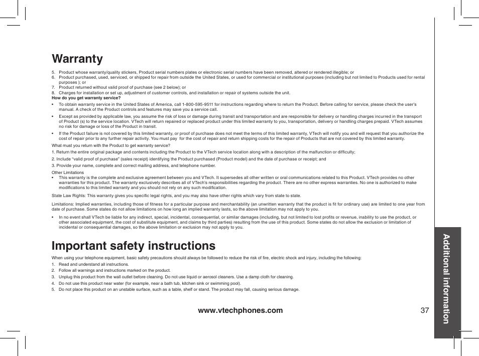 Warranty, Important safety instructions, Additional information | VTech gz2338 User Manual | Page 37 / 44