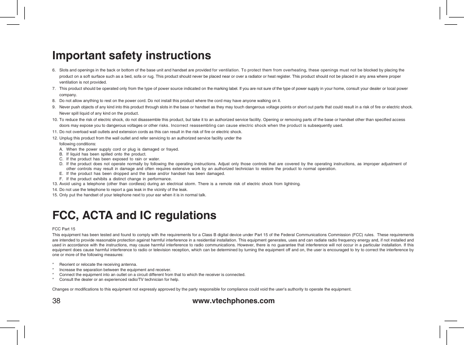 Important safety instructions, Fcc, acta and ic regulations | VTech gz2338 User Manual | Page 38 / 44