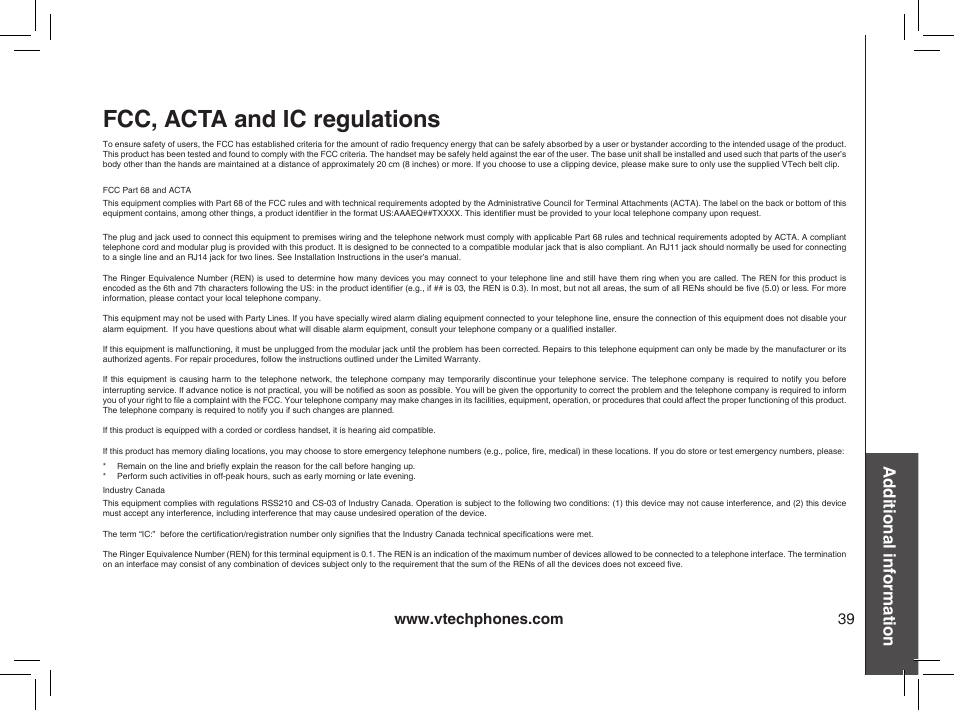 Fcc, acta and ic regulations, Additional information | VTech gz2338 User Manual | Page 39 / 44