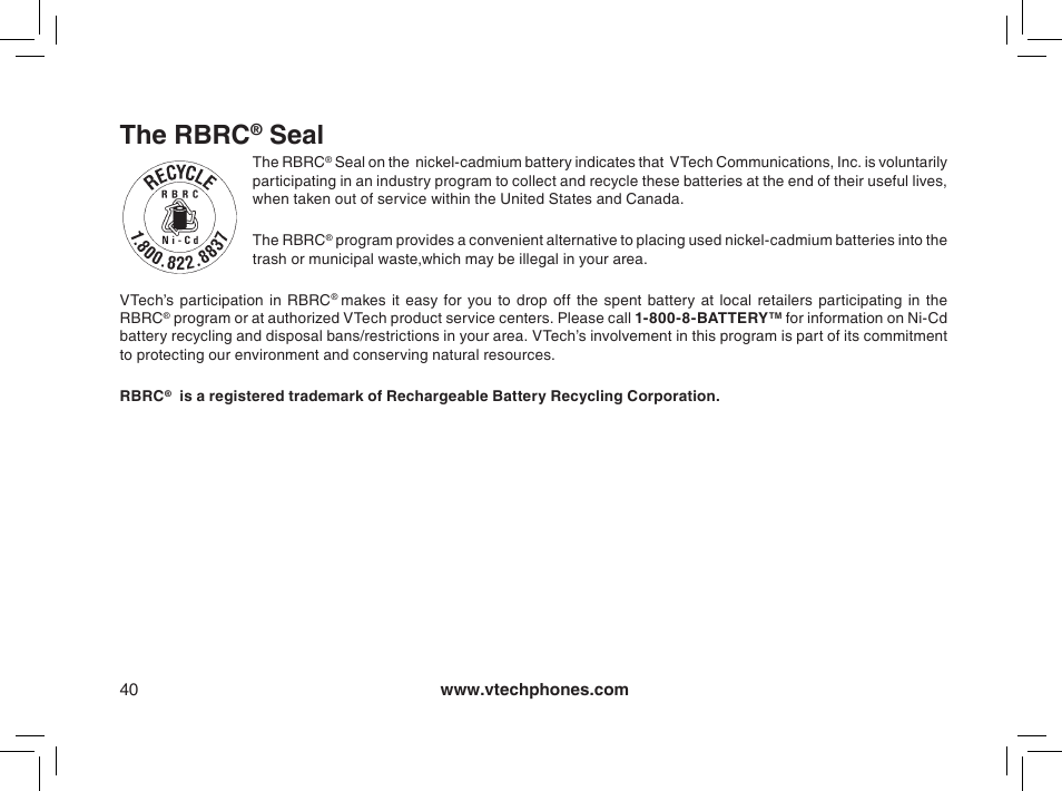 The rbrc, Seal | VTech gz2338 User Manual | Page 40 / 44