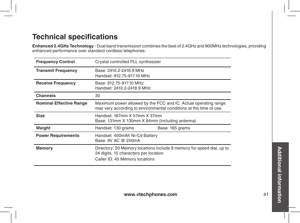 Technical specifications | VTech gz2338 User Manual | Page 41 / 44