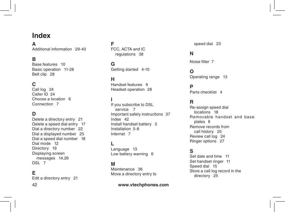 Index | VTech gz2338 User Manual | Page 42 / 44