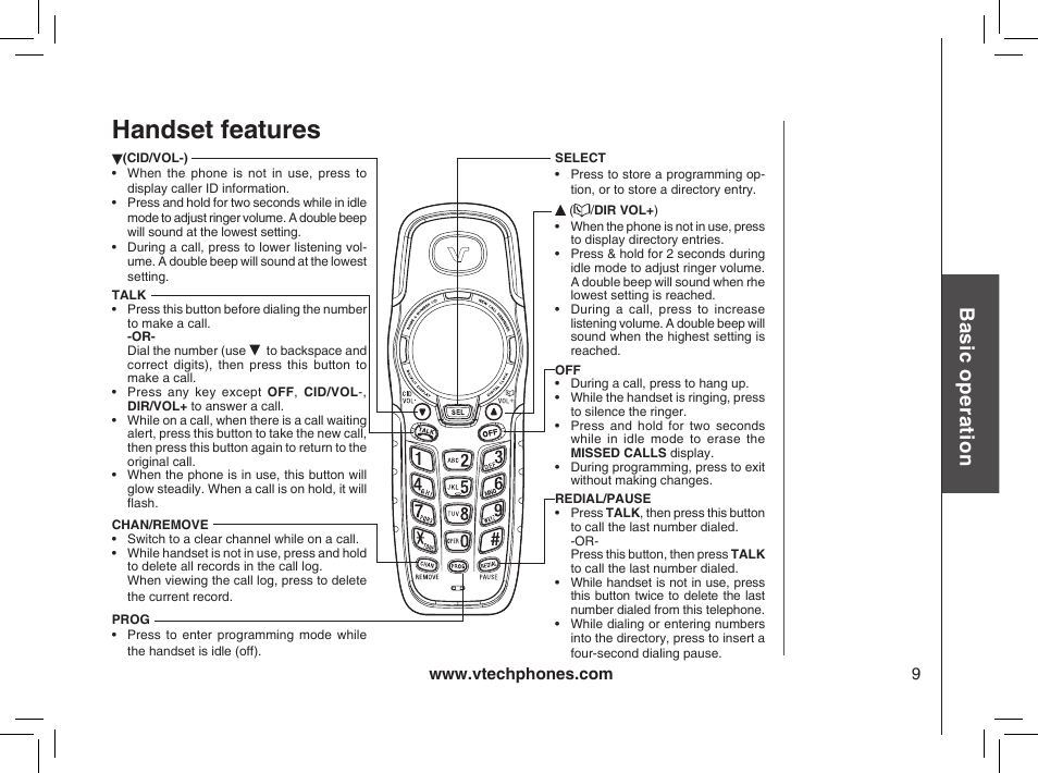 Handset features, Bas ic o pe ra tio n | VTech gz2338 User Manual | Page 9 / 44